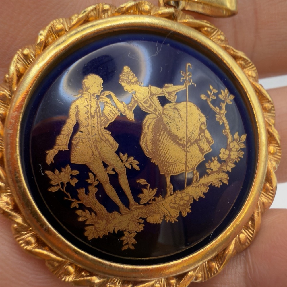 Vtg Signed Limoges Courting Couple Cobalt Blue Gold Pendant France